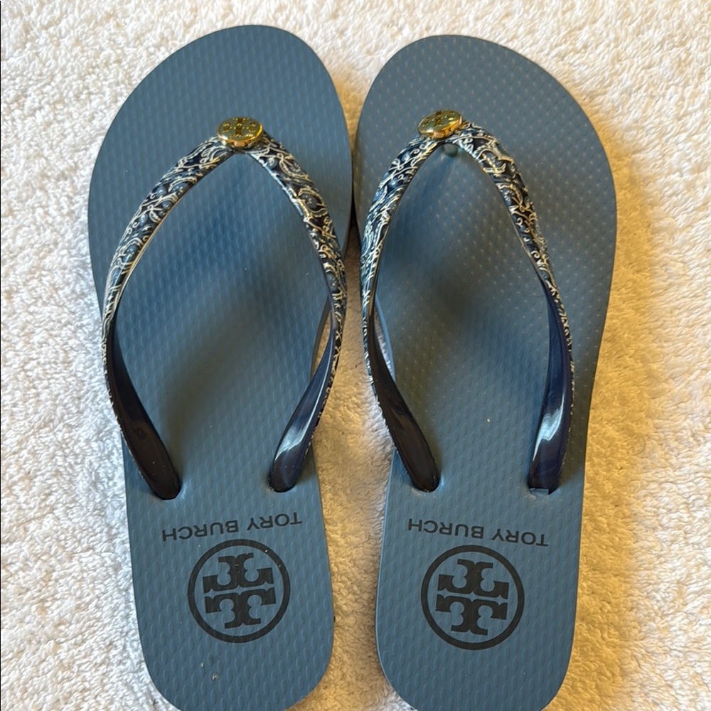Tory Burch Navy and Gold Flip Flops
